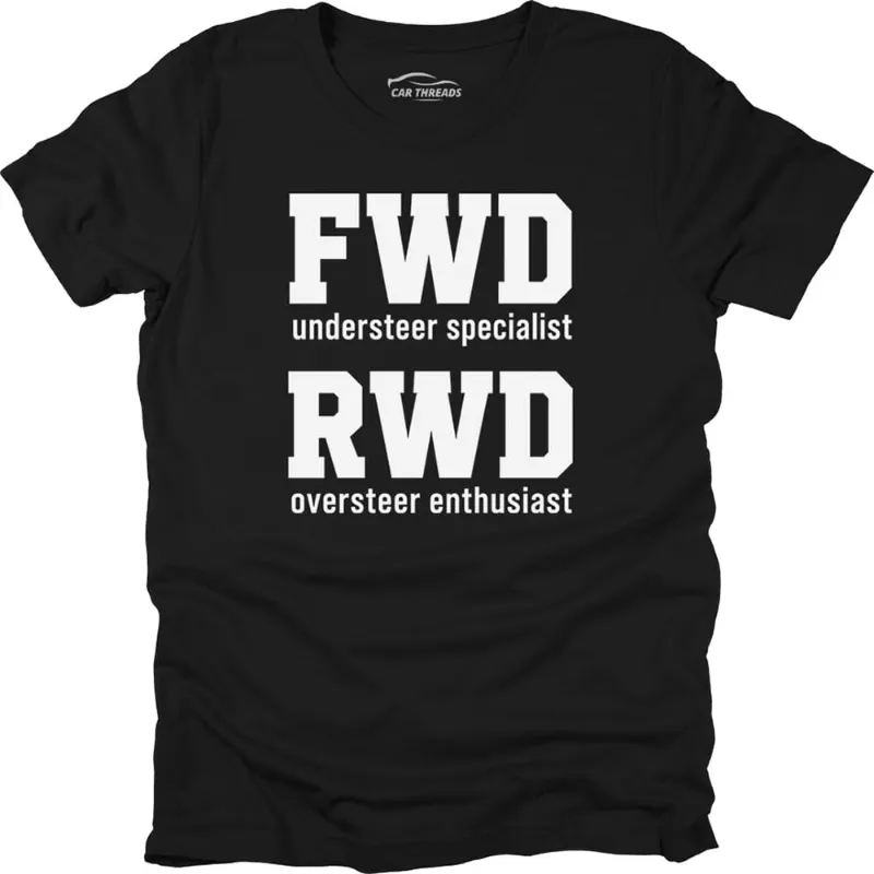 Car Threads FWD RWD t-shirt, product photo of the drivetrain-themed design