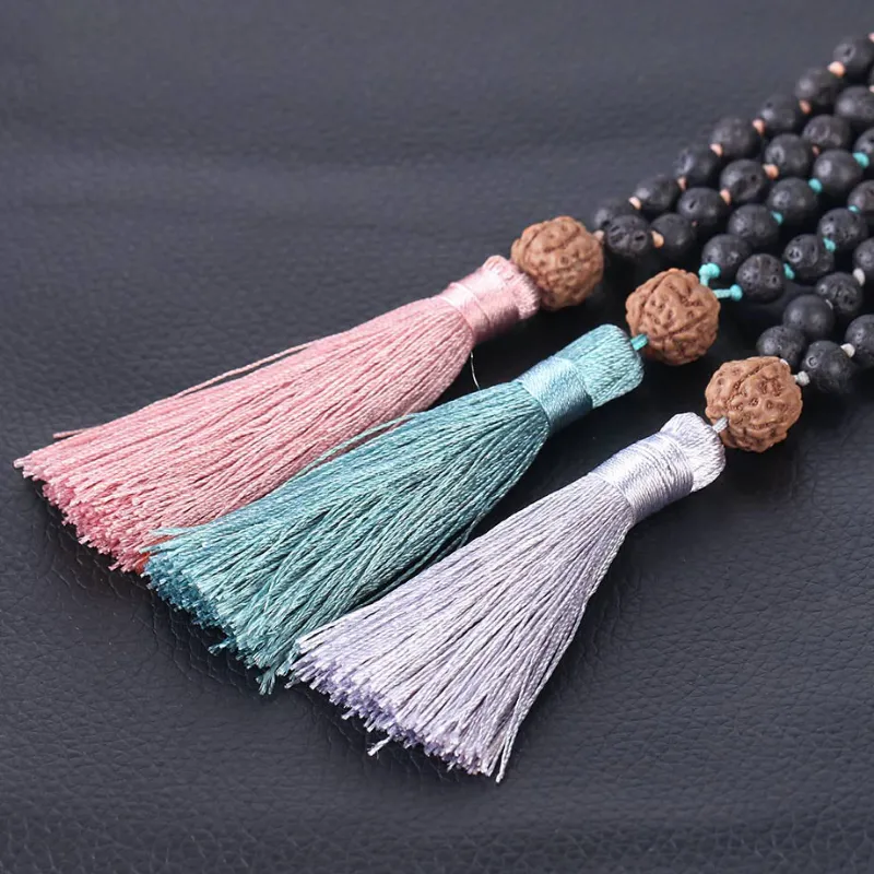 Turix Lava Rock Mala with Rudraksha 6mm beads wrapped meditation necklace with seed accent