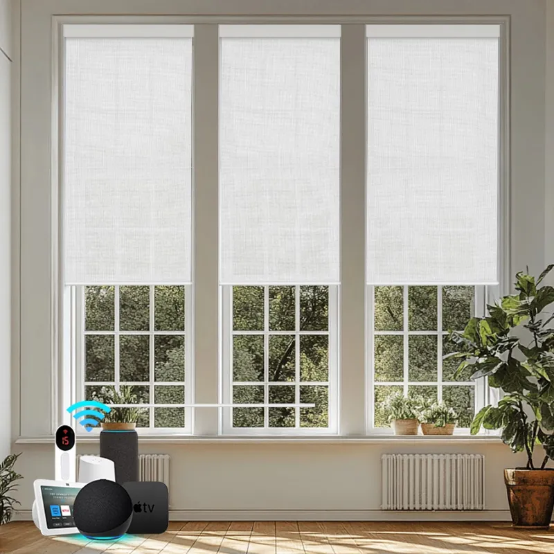 Bringnox Motorized Light Filtering Roller Shades 70% Blackout Essential installed on window