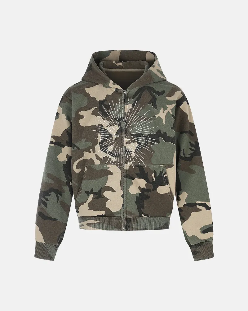 INFLATION Camo Sunburst Graphic Zip Up Hoodie with boxy cropped fit and kangaroo pockets