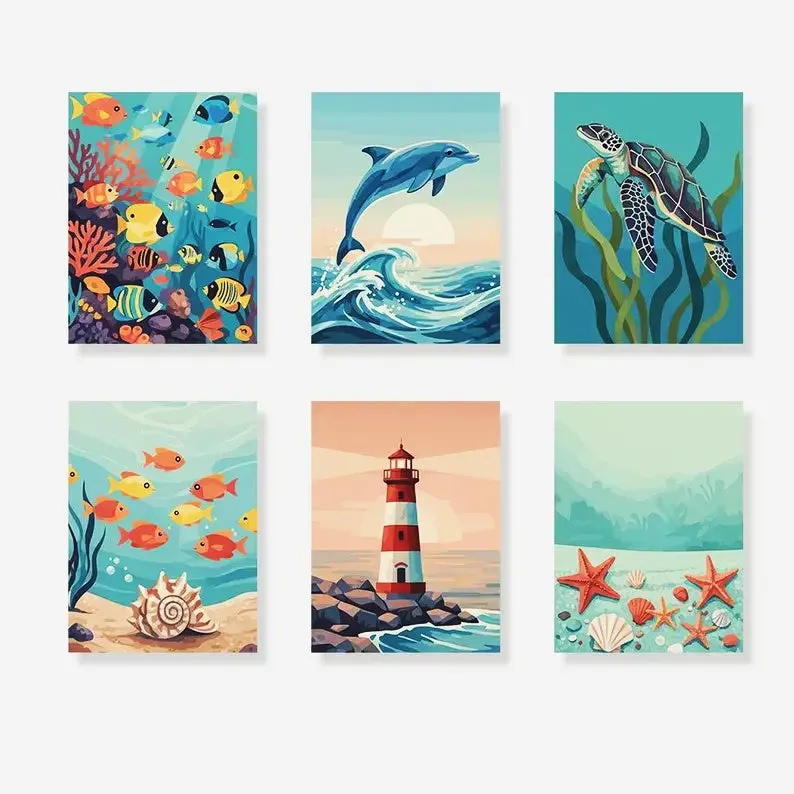 Maikoo Art 6 Mini PBN Marine life Framed showing six small framed marine life painting canvases