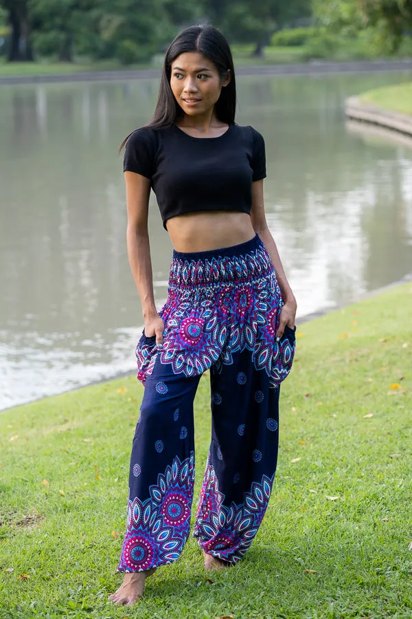 Hippie Pants Blue Petal Pants high waisted yoga lotus print