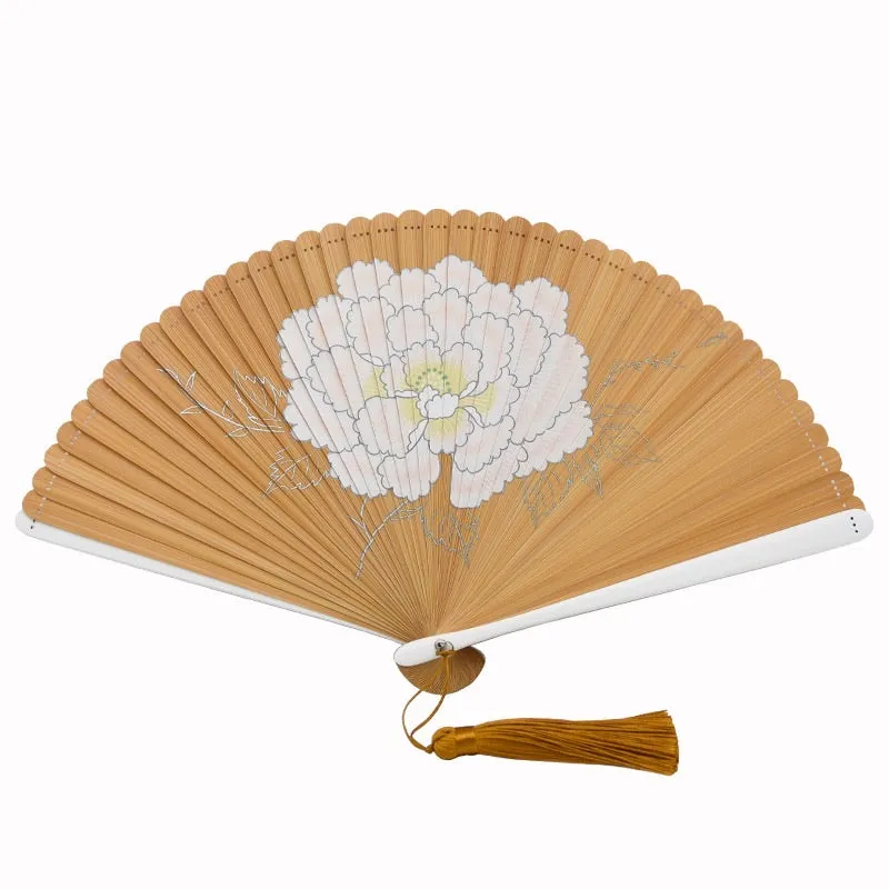 Foxtume Japanese Folding Fan 【Peony Blossom】 bamboo fan with painted peony and tassel
