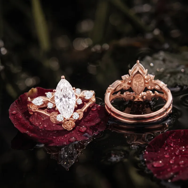 Starlandus Guarded Bloom marquise cut moissanite rose engagement ring set with thorn bands