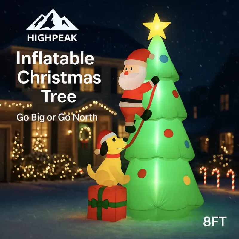 HighPeak 8FT Inflatable Christmas Tree with Santa and dog glowing in a yard