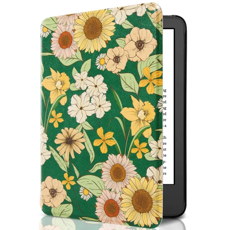 COBAK Case Eden Dark Green Floral Kindle Basic 6 INCH Case showing leather exterior with floral pattern