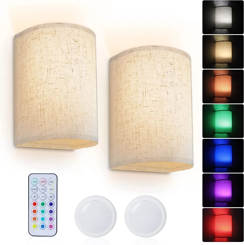 AIBOO 16 RGB Colors Changeable Wall Lamp with Fabric Linen Shade Wireless Dimmable Wall Sconce