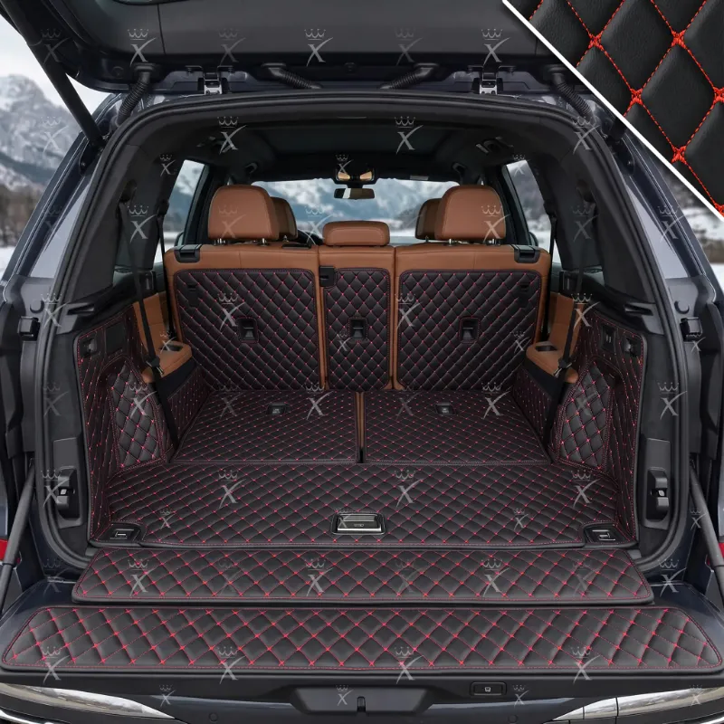 Luxus Car Mats 360Fit Diamond Trunk Mat in black with red stitching, showing raised-wall cargo coverage