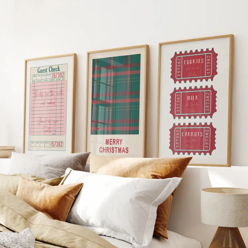 Wall Art Set Christmas with guest check Santa tickets and plaid prints