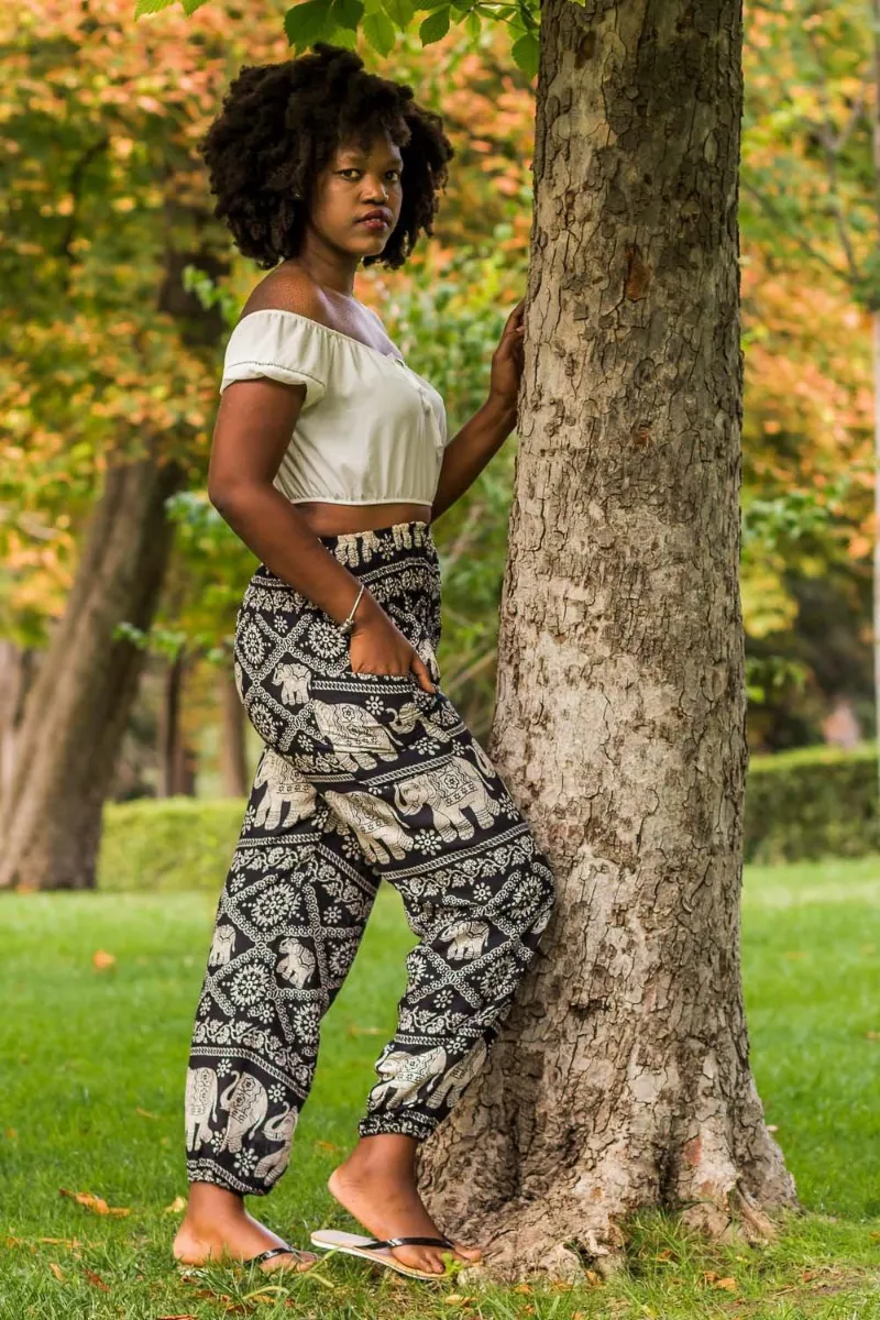 Hippie Pants Black Fortune Pants, patterned fabric with elephant and geometric designs