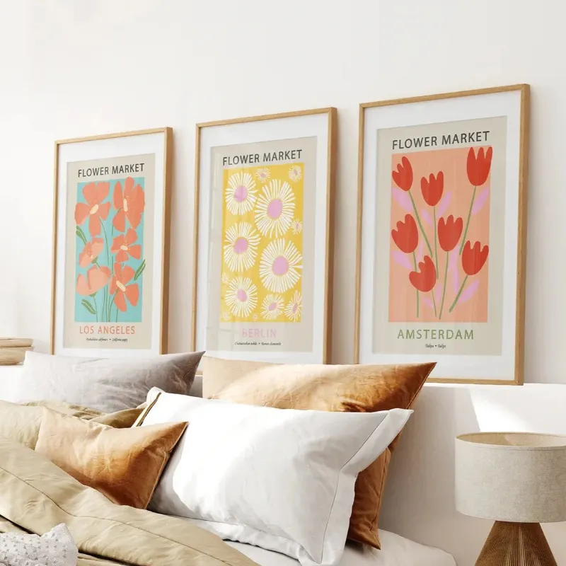 Wall Art Set 3 Piece Botanical Boho Art Set Flower Market Theme with colorful botanical prints