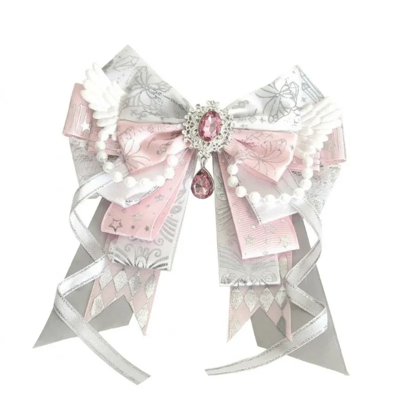 Shoptery Fairy Kei Angel Wing Pearl Rhinestone Hair Bow Clip Accessory, rhinestone bow brooch