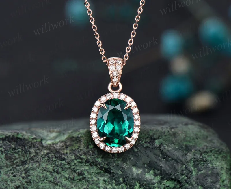 WillWork Jewelry 2ct oval cut green emerald necklace, 14k rose gold with halo diamond pendant