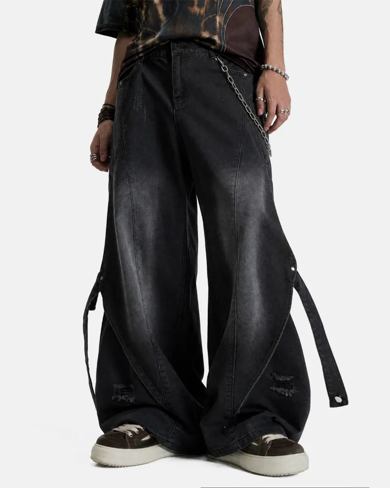 INFLATION Adjustable Strap Washed Straight-Leg Jeans in black washed denim with side strap details