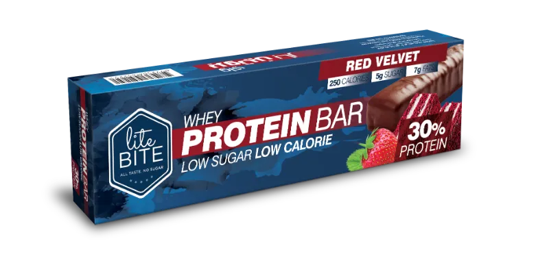 LiteBite Egypt Red Velvet Protein Bar with whey protein and cake flavor