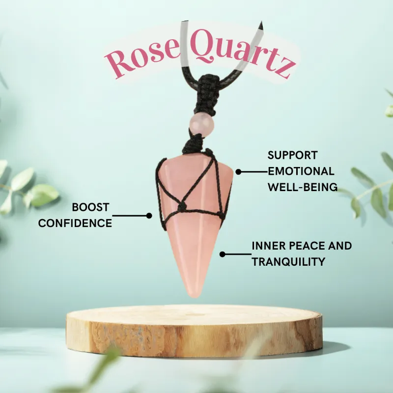 Turix Balance Crystal Pendulum Necklace in natural rose quartz with soft pink hue on adjustable chain