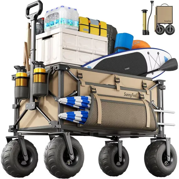 SunnyFeel Outdoor Beach Wagon with Big Wheels for Sand, 300L capacity, in khaki