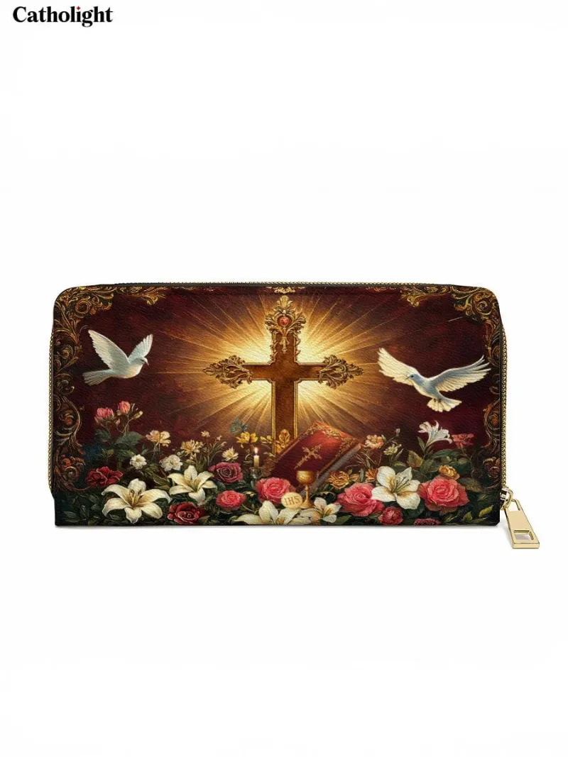 Catholight Radiance of the Cross Leather Wallet Purse with Holy Cross surrounded by roses and golden glow