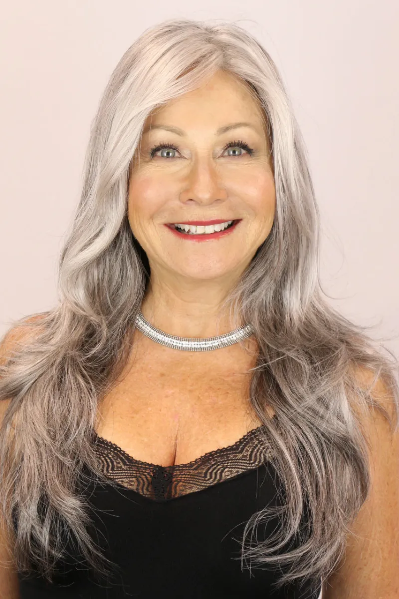 Godiva's Secret Wigs Candice long wig in Silver Stone with layered style and machine-teased crown