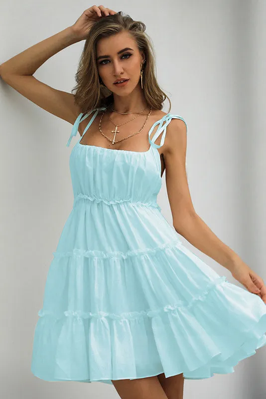 Mislish Baby Blue Spaghetti Straps A-Line Party Homecoming Dress, sleeveless short length