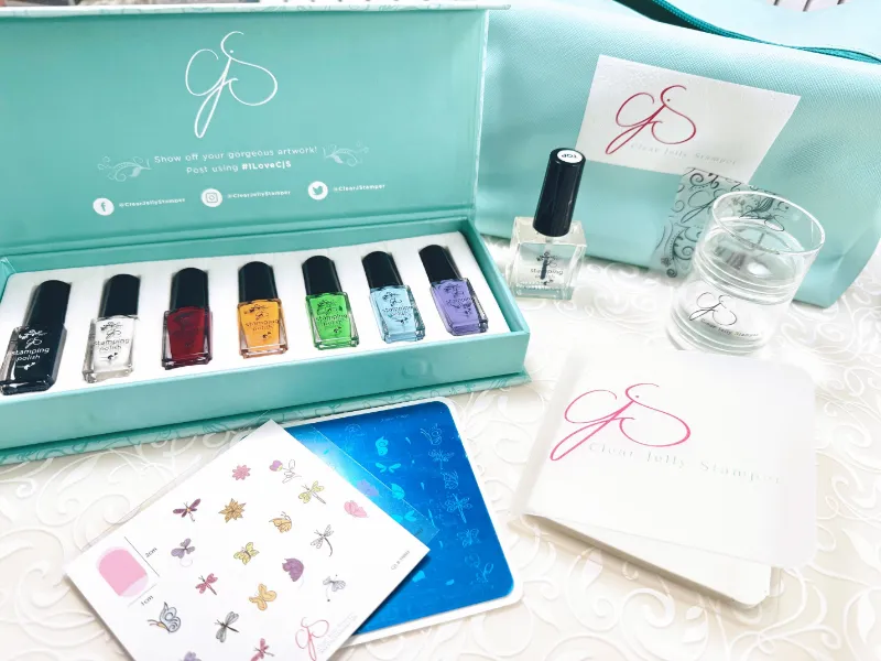 Clear Jelly Stamper Getting Started Stamping Kit with stamper, polish bottles, and accessories on white background