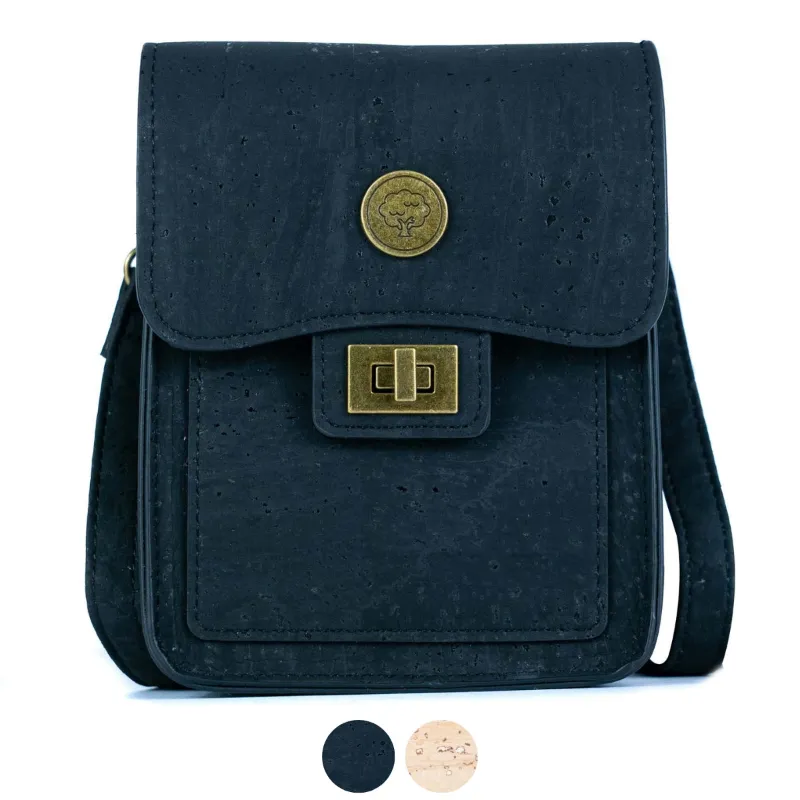Corkadia Cork Crossbody Phone Bag in natural and black cork showing vintage twist lock closure