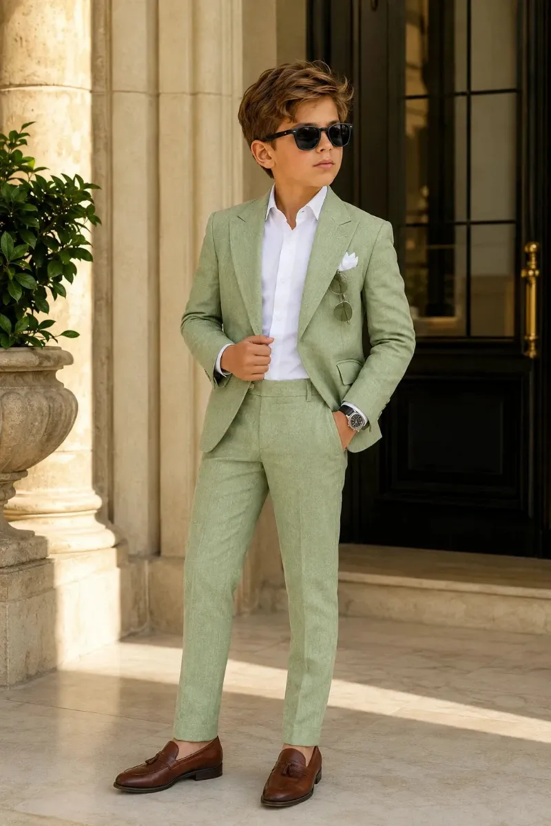 Wehilion Boys Classic Summer Linen 2 Piece Suit in soft beige for warm-weather occasions