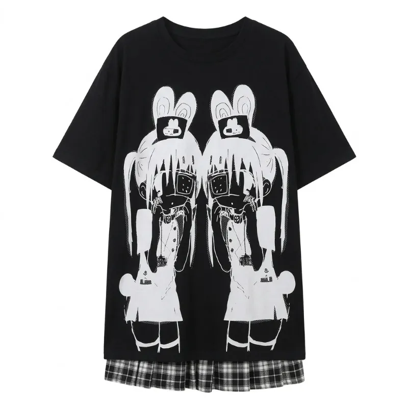 Shoptery Jirai Kei Twin Bunny Girl Anime Graphic Layered T-Shirt Dress in relaxed fit with chest print