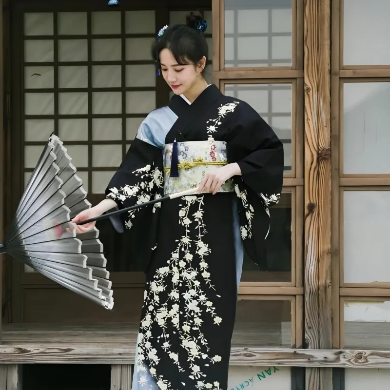 Foxtume Black & Aqua Blue Women Festival Yukata with white flower details