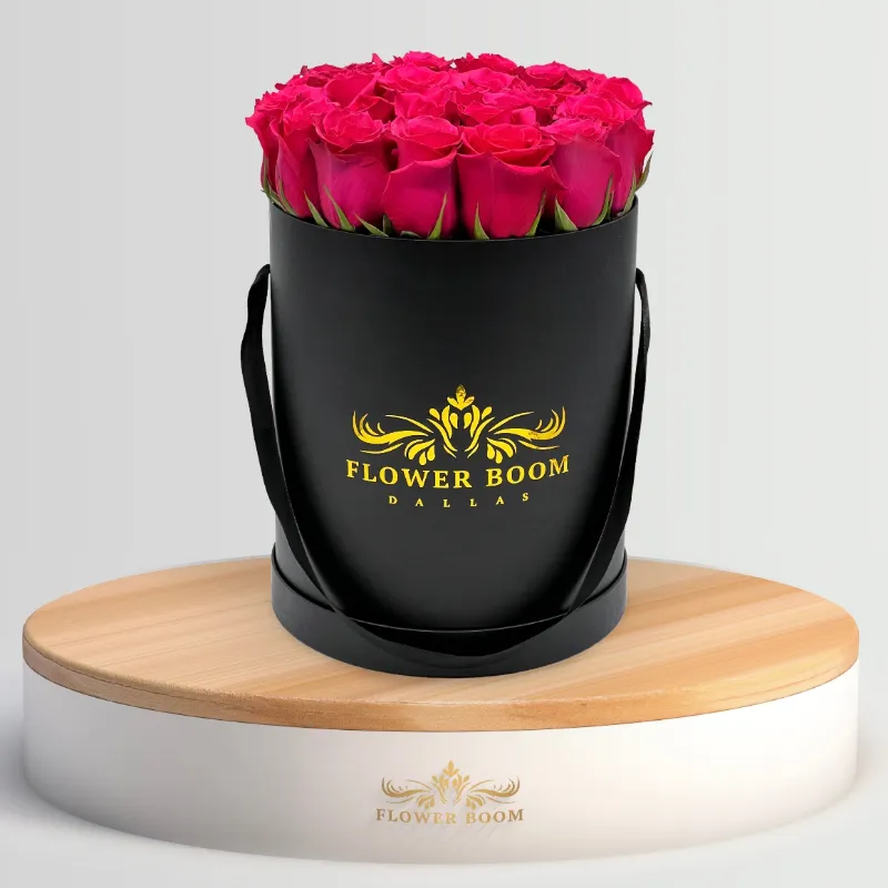 Flower Boom Dallas Malena Fuchsia Rose Box with vibrant pink roses in elegant square container