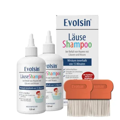 Evolsin Medical Läuseshampoo Doppelpack with two lice treatment shampoo bottles and two lice combs