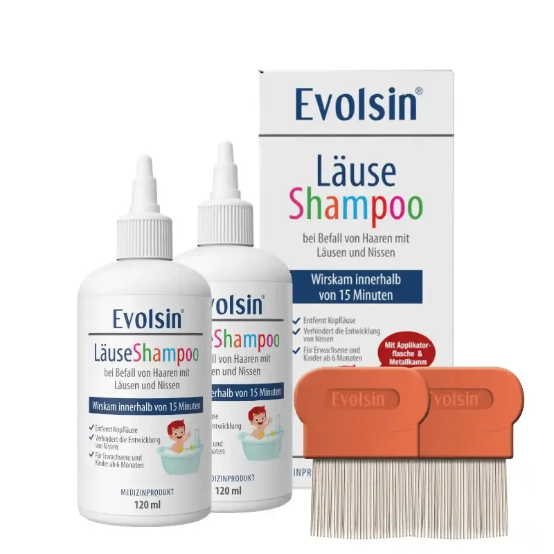 Evolsin Medical Läuseshampoo Doppelpack with two lice treatment shampoo bottles and two lice combs