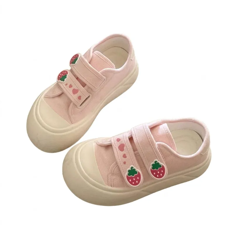 Shoptery Fairy Kei Strawberry Canvas Platform Sneakers with Velcro Straps in pastel canvas