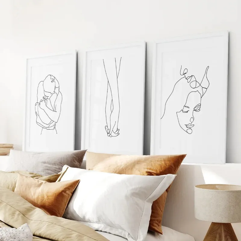 Wall Art Set 3 Piece Minimalistic Line Art Set. Couple, Holding Hands - one-line art of couple