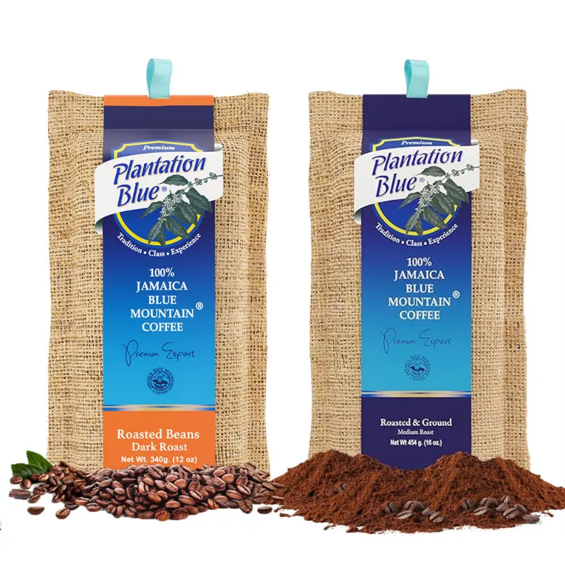 Plantation Blue Coffee 12oz Dark Roast Whole Beans & 1lb Medium Roast Ground bundle featuring whole bean and ground coffee bags