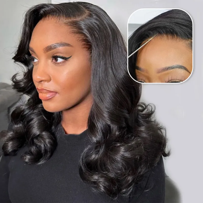 Megalook 13x6 Three-Go Body Wave Bob Glueless Wig in natural black with 250% density