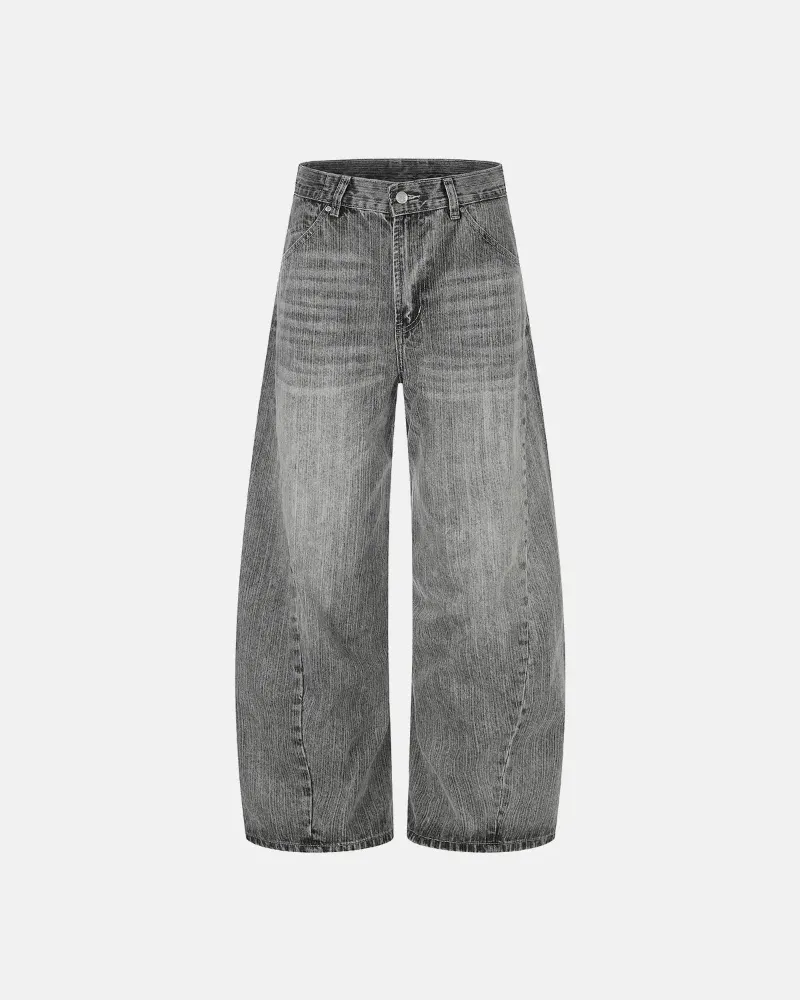 INFLATION Bamboo Weave Barrel Jeans in grey vintage wash with curved barrel leg silhouette