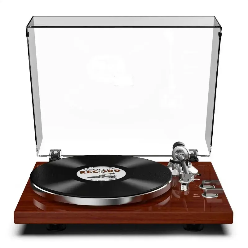Retrolife High Fidelity Bluetooth Turntable with MM Cartridge HQKZ-006 showing belt-drive turntable with aluminum platter and clear dust cov