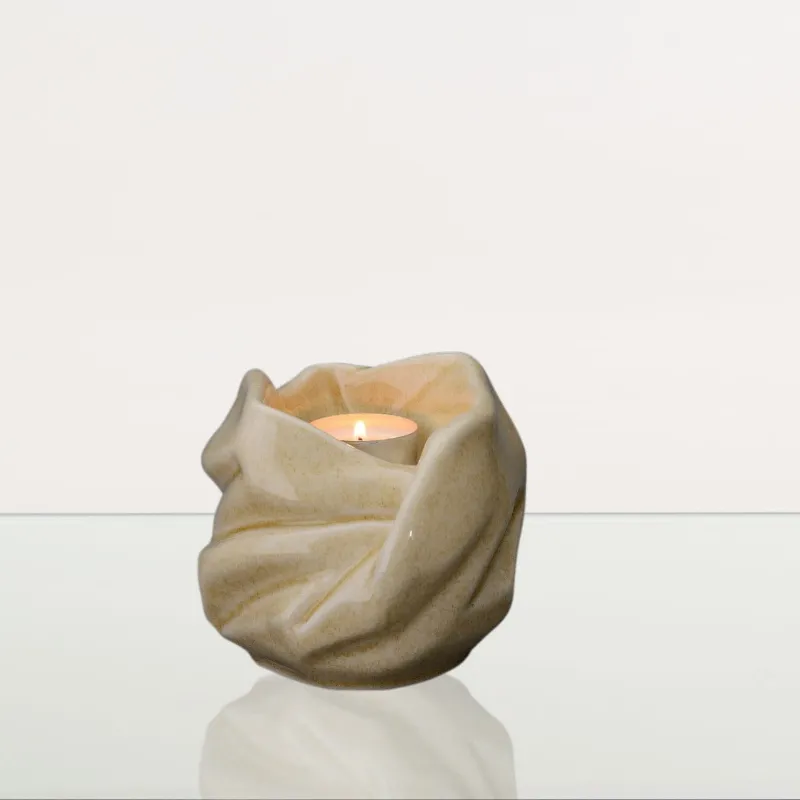 Pulvis Art Urns Cremation Keepsake Urn For Ashes With Candle in Light Sand finish, minimalist ceramic keepsake with candle holder