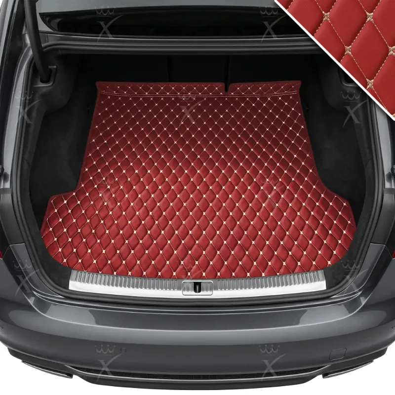 Luxus Car Mats Diamond Base Series trunk mat in Cherry Red showing diamond-stitched leather and full cargo coverage
