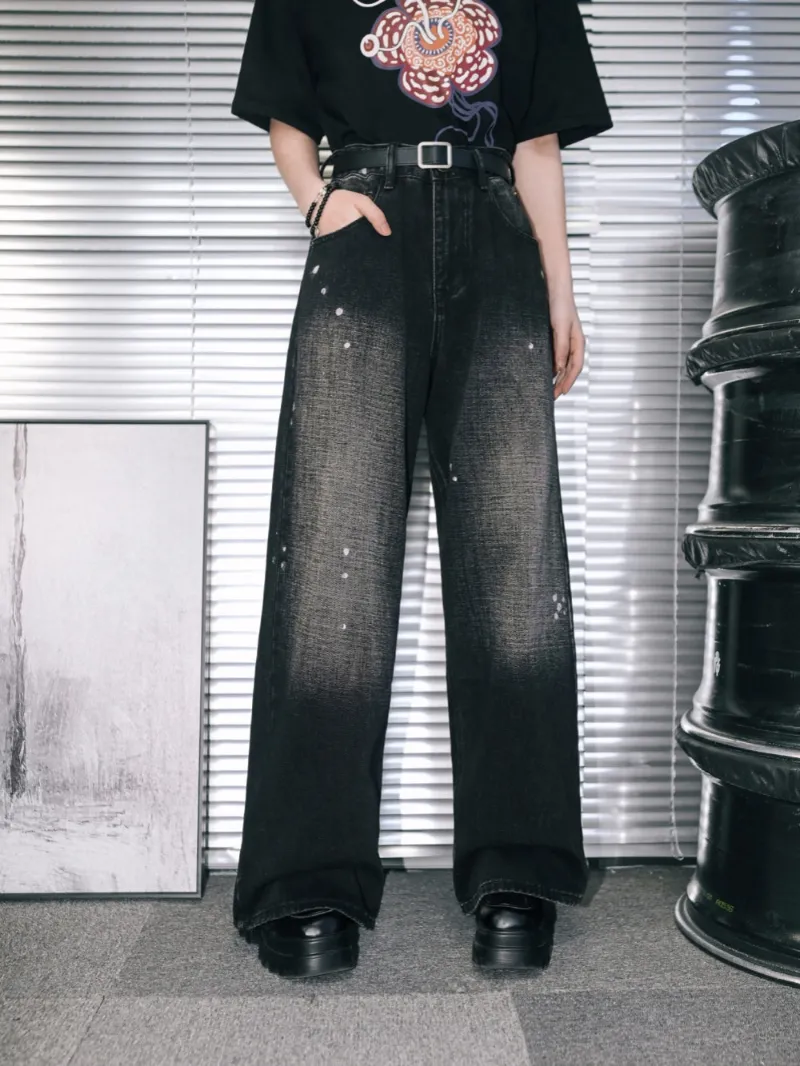 Juwas Acid Wash Distressed Wide Leg Jeans displaying the washed denim style.