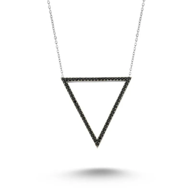 Amorium Jewelry Dainty Silver Black Triangle Pendant Necklace showing bold crystal-studded triangle on delicate chain