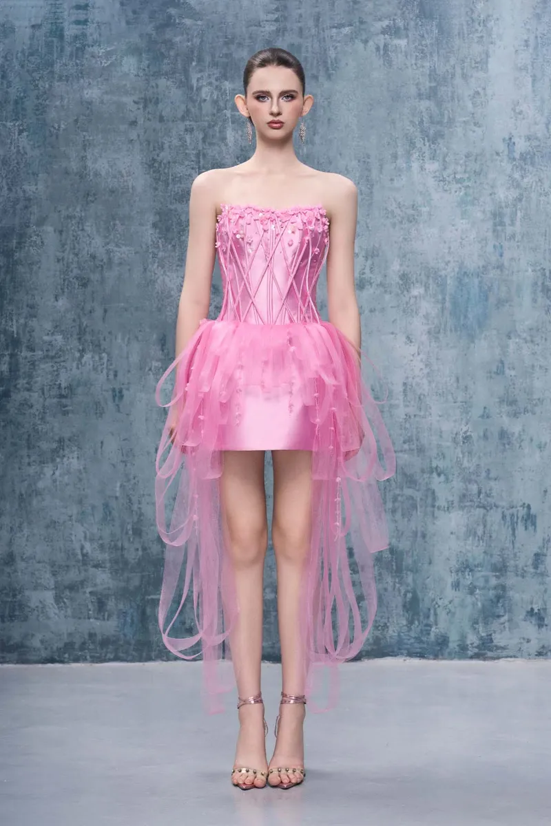 Kalisa Gina Strapless Floral Embellishments Mini Dress shown on model