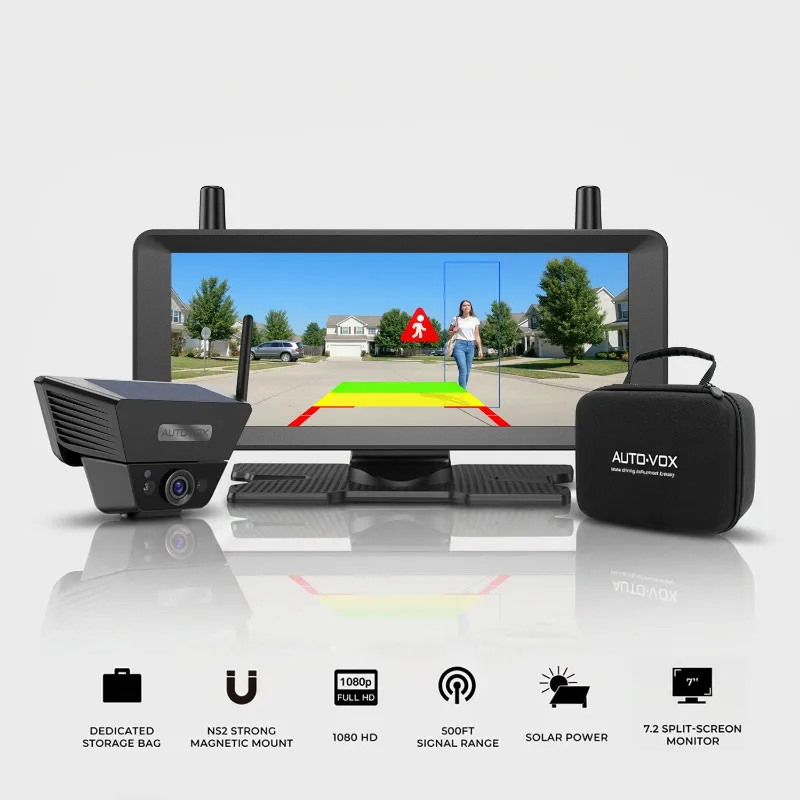 AUTO-VOX Solar 5B AI Magnetic Backup Camera with monitor displaying smart reversing guidelines
