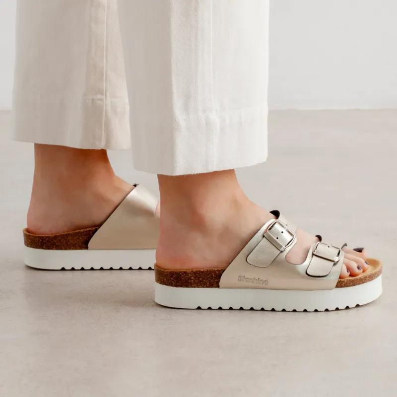 BIANKINA Muro Two-Strap Vegan Leather Platform Cork Sandal in metallic silver with adjustable buckles