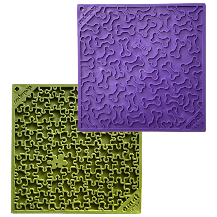 Soda Pup Jigsaw & Bones Dog Lick Mat Bundle showing green jigsaw and purple bone textured mats