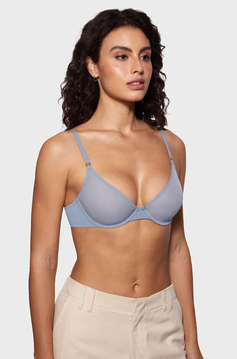 Essenther Global Cosnufy Mesh Plunge Bra in sheer stretchy mesh with adjustable straps