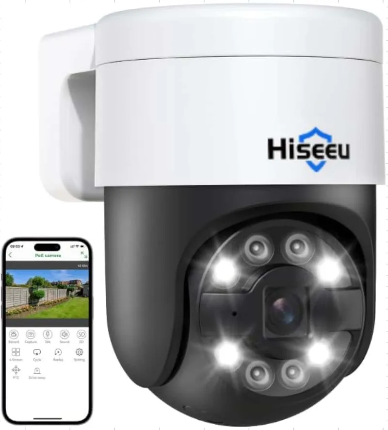 Hiseeu 5MP PoE PTZ wired security camera with 300° pan and human auto-tracking