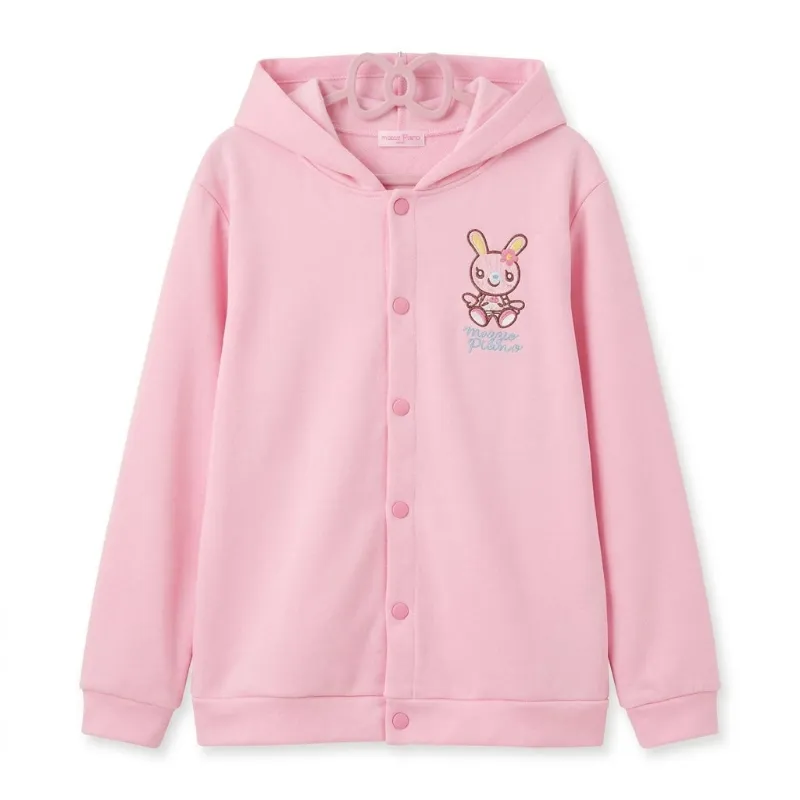 Shoptery Fairy Kei Mezzio Piano Bunny Embroidered Snap-Front Hoodie, soft pink zip-up hoodie with bunny ear hood shown flat