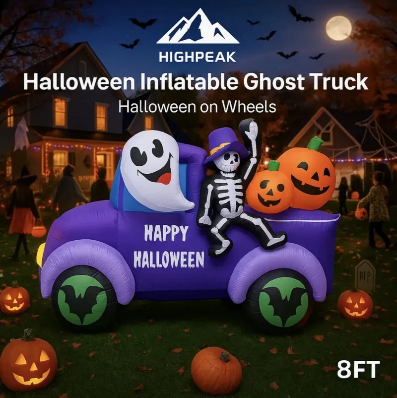 HighPeak 8ft Halloween Inflatable Ghost Truck with skeleton and pumpkins glowing on a lawn